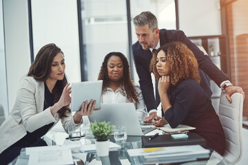 Aufkleber - Planning, team and tablet with business people in meeting for company projection, sales revenue and market research. Strategy, growth and timeline forecast with employees in office for solution