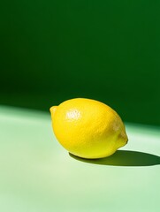 Poster - Isolated Lemon and Shadow Play - A single lemon, vibrant yellow, casts a sharp shadow on a light green background. Symbolizing freshness, zesty, summer, simplicity, and nature