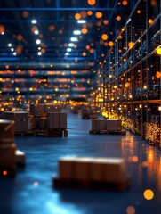 Poster - Modern Warehouse Logistics at Night - Illuminated warehouse interior with pallets of boxes, showcasing efficient logistics and distribution