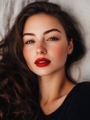 Poster - Young woman with wavy hair and striking red lips relaxing indoors during a soft lit afternoon. Generative AI