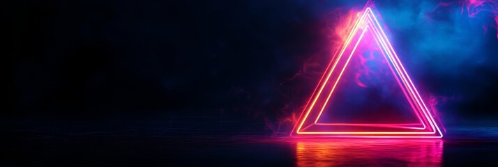 Poster - Neon Triangle Abstract Background - Glowing neon triangle frame with smoke effect on dark background. Perfect for futuristic, technology, or abstract designs