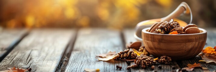 Aufkleber - Natural wooden bowl filled with assorted nuts on rustic table with autumn leaves in soft sunlight. Generative AI