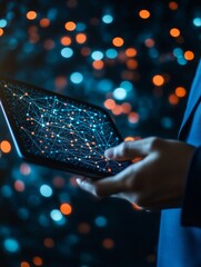 Poster - network connectivity - close-up of hands holding a tablet displaying a glowing network connection, b