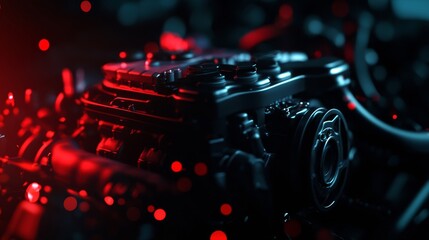 Poster - Powerful Engine Close Up - Close-up shot of a powerful engine, illuminated in red and blue light. High-detail, perfect for automotive or industrial