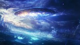 Futuristic Spaceship Hovering Over an Aquatic Alien City