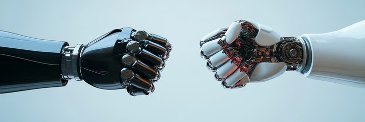 Poster - Robotic Collaboration: A Technological Partnership - Two robotic arms, one black and one white, meet in a gesture of collaboration, symbolizing technological synergy and future innovation