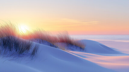Tranquil sunset scene with soft sand dunes on the beach and a glowing horizon