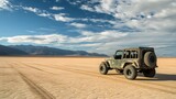 Vintage military vehicle on sandy terrain, rugged off-road adventure, expansive sky and dramatic clouds, great for travel themes.
