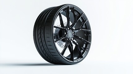 Poster - Close-up of a black alloy wheel with tire, isolated on white background.