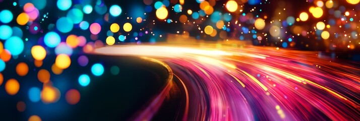 Poster - Vibrant Light Trails and Bokeh - Abstract of colorful light trails curving through a bokeh background, suggesting speed, energy, and movement
