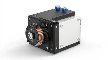 Poster - Close-up of a black and silver industrial component with copper coils and blue screws against a white background.