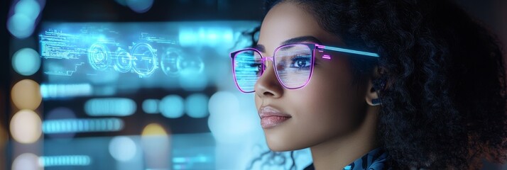 Poster - Woman Studying Data on Futuristic Screens - A young Black woman with curly hair wearing glasses looks thoughtfully at futuristic screens displaying data
