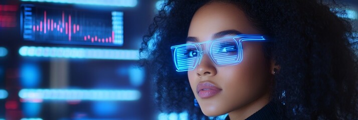 Poster - Woman with Futuristic Glasses and Data Background - A young woman with curly hair wears futuristic blue glasses, against a backdrop of glowing data streams