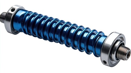 Fototapete - Close-up of a blue metallic industrial spring mechanism with threaded ends and bearings.