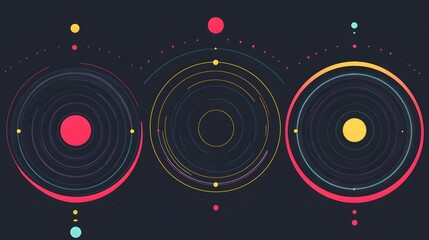 Poster - Abstract cosmic illustration, vibrant planets and orbits in colorful rings, suitable for science-themed designs or educational materials.