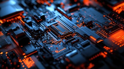 Aufkleber - Close-up of a complex circuit board with glowing orange and blue components.