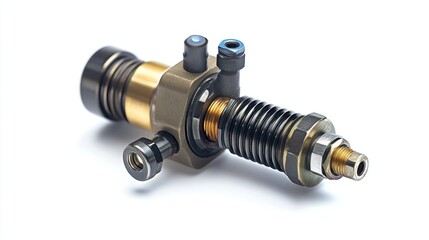 Poster - Close-up of a complex metallic industrial component with intricate details, showcasing its mechanical parts and functionality.