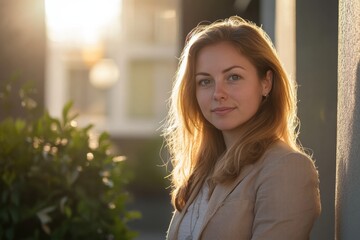 Aufkleber - Woman with long hair outdoors during golden hour with sunlight illuminating her features near greenery. Generative AI