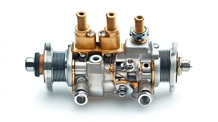 Aufkleber - Close-up of a disassembled fuel injection pump, showcasing its intricate internal components and mechanisms against a clean white background.