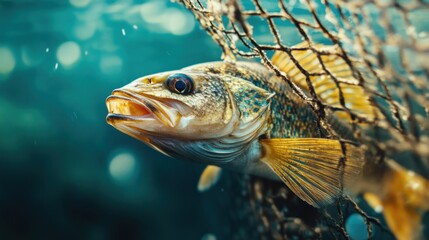 Close-up of a fish caught in a net, underwater.
