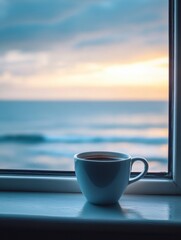 Poster - Warm cup of coffee resting on a windowsill overlooking the ocean at sunrise during a tranquil morning. Generative AI