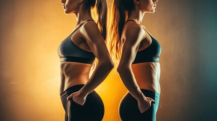 Poster - Transformation journey of a woman showcasing body fitness changes in a motivational fitness studio. Generative AI