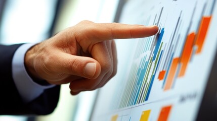 Poster - close-up of a hand pointing at financial charts on a screen.