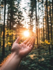 Poster - Reaching for sunlight among the trees in a serene forest during golden hour. Generative AI