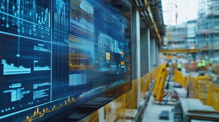 Leinwandbilder - Close-up of a large screen displaying complex data and graphs, with a blurred construction site in the background.