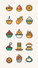 Wall Mural - Holi Food and Drink Icons Set with Sweets, Thandai, and Colorful Accents, Holi