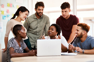 Poster - creative, happy and group in office, meeting and ideas for project, discussion and event planning. t