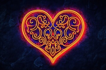 Poster - Vibrant Neon Heart Design with Intricate Patterns on Dark Background