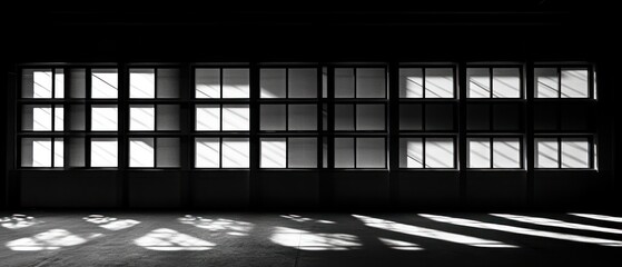 Poster - A stark black and white image of a garage door with geometric shadows, evoking a sense of industrial minimalism