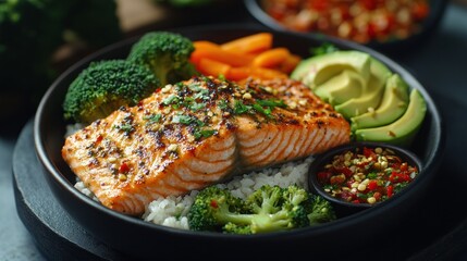 Wall Mural - Grilled Salmon Bowl, vegetables, rice, chili