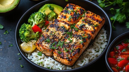 Wall Mural - Grilled salmon bowl, vegetables, rice, dark background, healthy meal