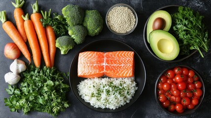 Wall Mural - Healthy salmon dinner ingredients, overhead