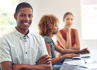 Poster - Man, smile and portrait at meeting, arms crossed and startup with group project in office at company. Person, happy and pride with people, documents and small business with team at creative agency