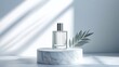 © CinimaticWorks - modern perfume bottle mockup with premium glass design on marble pedestal soft lighting and white background for luxury cosmetic branding and high end product showcase