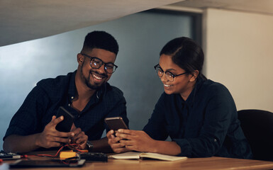 Poster - Business, people and phone in office at night for hardware repair, troubleshooting guide or system setup. Happy teamwork, computer technician or smartphone for motherboard connection or data recovery