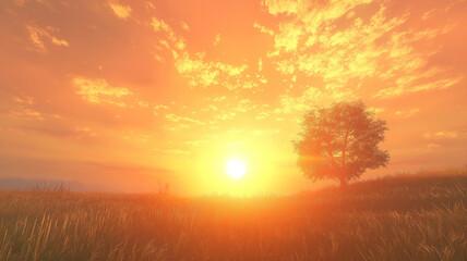 Breathtaking golden sun setting in a cloudy sky over a vast rural field with soft warm light