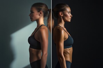 Poster - Transformation of a womans body showcasing fitness journey with dramatic lighting in a fitness studio. Generative AI