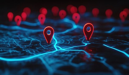 Poster - Navigate Digital Maps: Exploring Location Pinpoints on Interactive Interface with Neon Glowing Effects, Futuristic Cityscape Routes.