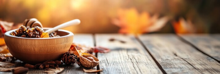 Poster - Warm bowl of nuts and honey placed on rustic wooden table surrounded by autumn leaves in a cozy setting. Generative AI
