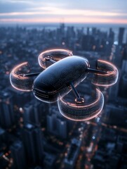 Poster - a drone delivery system visualized through AR, a user tracking their package in real-time via holographic interface, modern urban setting, realistic depth and lighting