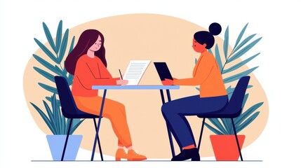 Poster - Inclusive classroom education empathy concept. Two women engaged in a discussion at a table, surrounded by plants, with one taking notes and the other using a laptop.