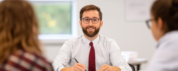 Poster - Inclusive classroom education empathy concept. A smiling man in a formal shirt and tie engages in conversation with two people in a bright, modern office setting.