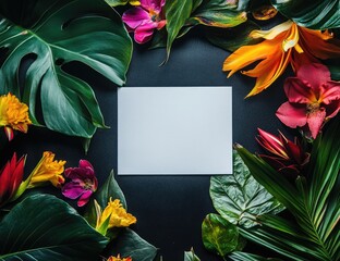 Wall Mural - Tropical floral frame, blank card, dark background, mockup