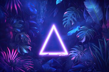 Wall Mural - Neon triangle jungle backdrop, vibrant leaves, dark background, advertisement