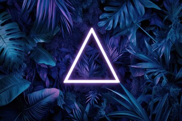 Wall Mural - Neon triangle frame in tropical leaves, dark background, design element