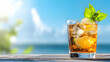 © Dibani - Iced tea cocktail with lime and mint, relaxing beach view, summer refreshment, ideal for travel brochures